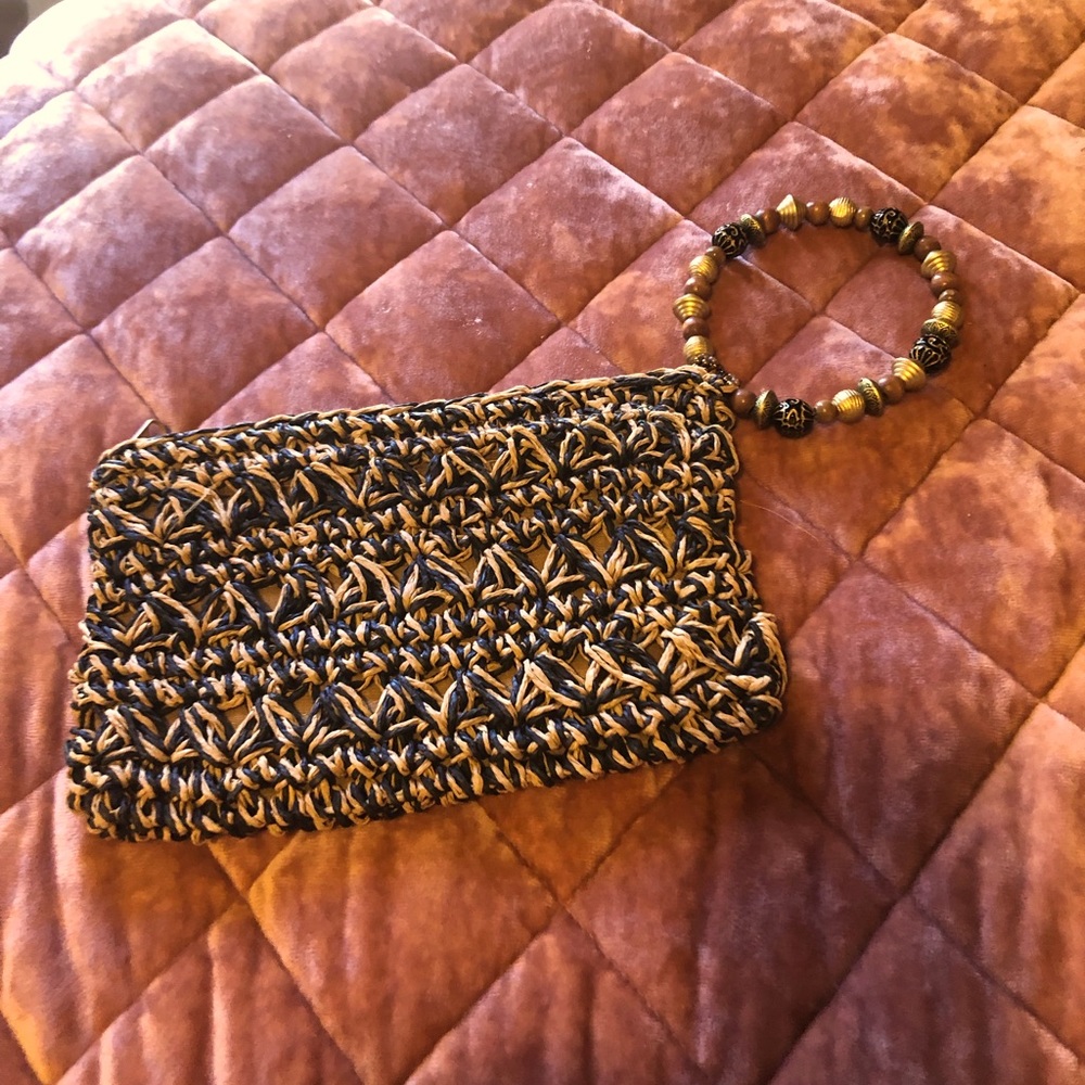 Brown clutch with beaded wrist strap